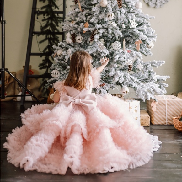 holiday tulle dress Kids Red & White Dot Pom Pom Christmas Tree Tulle Dress – Little-Minnows main image 0